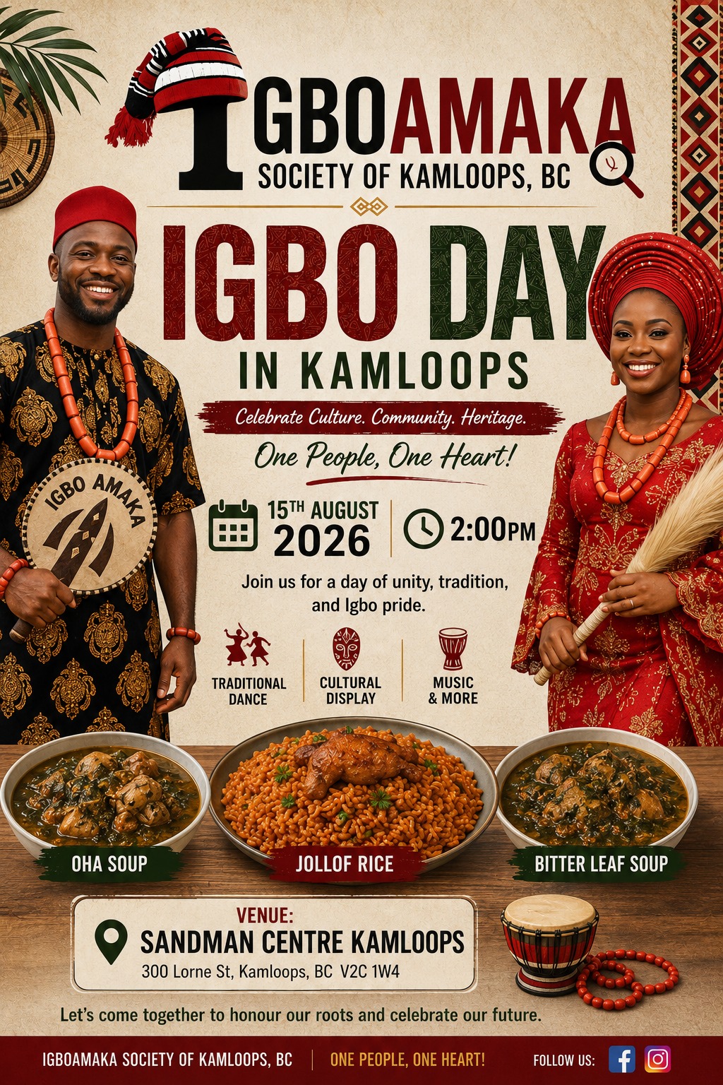 Igboamaka Society of Kamloops Igbo Day 2026 official poster, showing a man and woman in traditional Igbo attire, event date 15th August 2026, 2:00PM, at Sandman Centre Kamloops